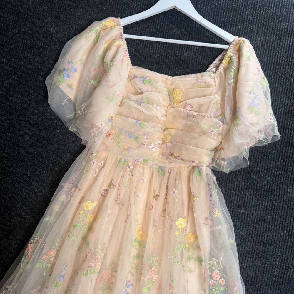 Ivy City Co Buttercup Dress Peach Floral Embroidered Tulle Midi Medium